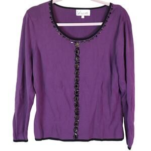 Vintage 90s Y2K Vincente Purple Sweater Beaded Sequin Rhinestone Women Large
